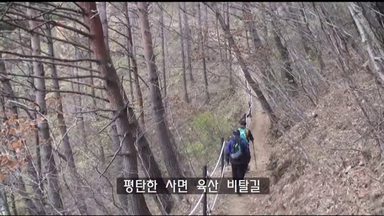 낙엽 쌓인 산허리를 따라 이어지는 완경사 사면길