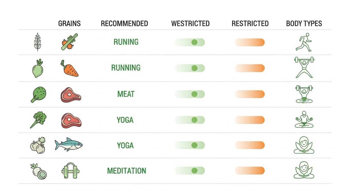 8체질별 음식과 운동 섭생을 한눈에 볼 수 있는 깔끔한 인포그래픽 표