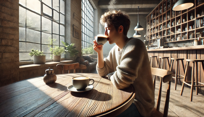 커피를 마시고 있는 사람을 그린 그림