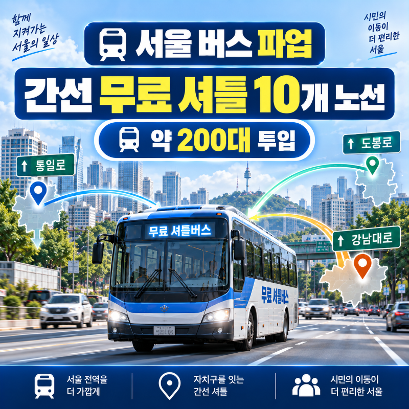 서울 버스 파업 간선 무료 셔틀 10개 노선과 약 200대 운행 계획을 보여주는 대표 이미지