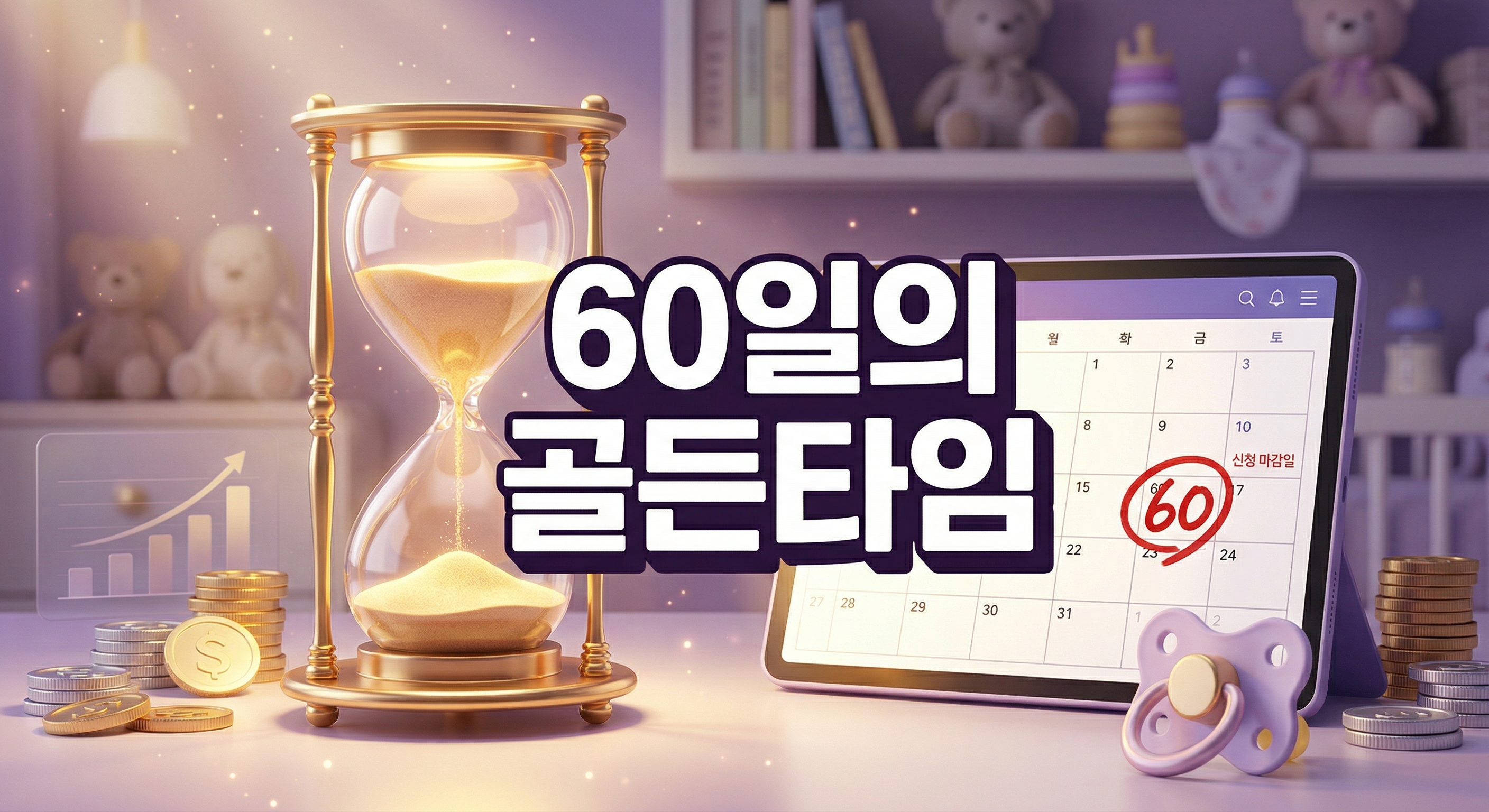 금빛 모래가 떨어지는 빛나는 모래시계 옆에 굵은 빨간색 마커로 60에 동그라미가 쳐진 달력과 아기 고무젖꼭지가 놓인 3D 일러스트 배경에, 짙은 그림자와 외곽선으로 선명하게 강조된 '60일의 골든타임'이라는 한글 문구가 중앙에 적힌 이미지