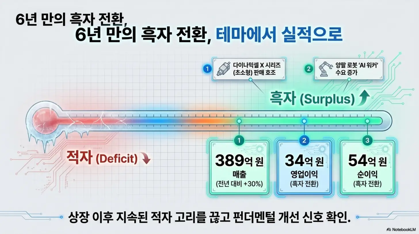로보티즈 주가 전망: 로보티즈가 적자에서 흑자로 돌아선 2025년 실적을 온도계 그래픽으로 표현한 이미지. 매출 389억 원, 영업이익 34억 원, 순이익 54억 원의 6년 만의 흑자전환과 다이나믹셀 X 시리즈·AI 워커 판매 호조라는 펀더멘털 개선 신호를 시각적으로 전달함