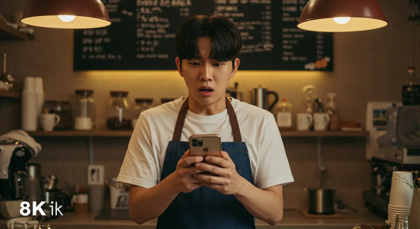 자신의 가게에서 휴대폰 미납 기록을 확인하고 사업자 대출을 걱정하는 한국인 자영업자