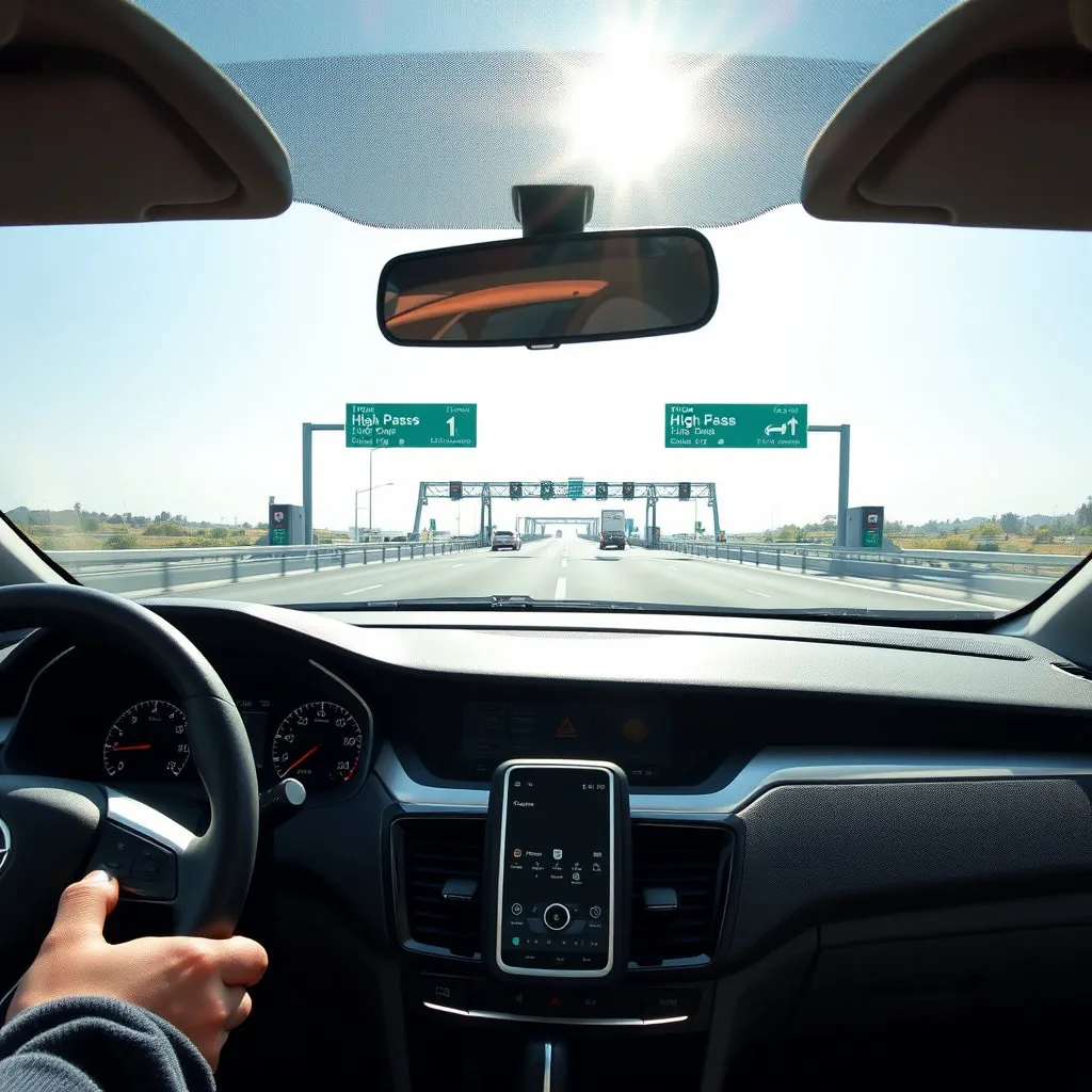 하이패스 단말기가 장착된 차량 내부의 모습과 밖으로 보이는 시원한 고속도로, 또는 톨게이트 상단의 하이패스 차선을 역동적으로 포착한 이미지를 고려해 보세요.