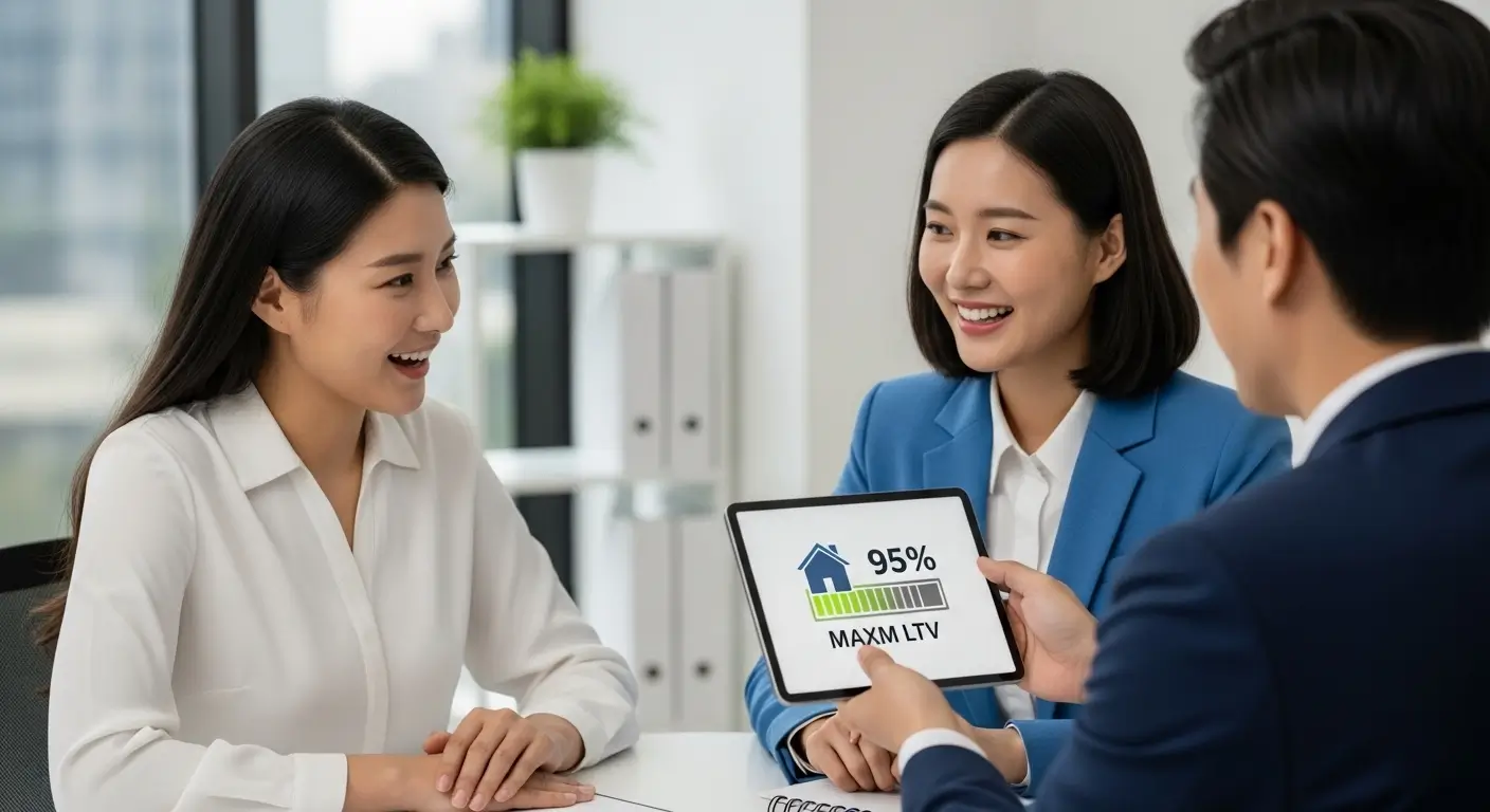 후순위 전문 상담사와 11 상담을 통해, 자신의 아파트에서 95%의 높은 추가 한도를 확인하고 놀라는 모습