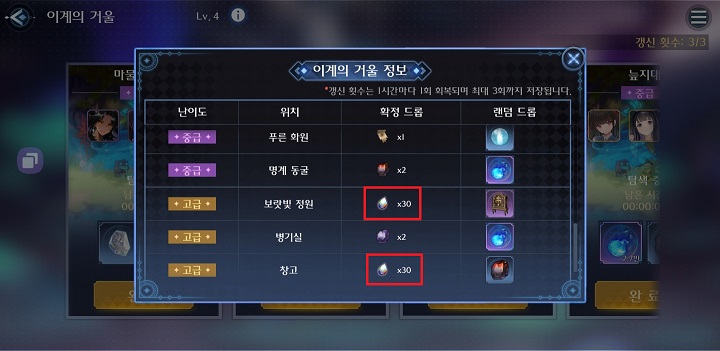 깨어난 마녀: 마녀 정원 내 이계의 거울 보상 목록 화면