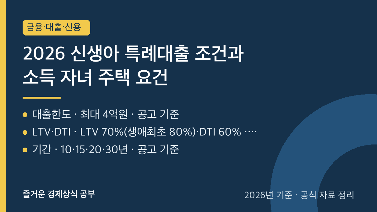 2026 신생아 특례대출 조건과 소득 자녀 주택 요건 요약 카드