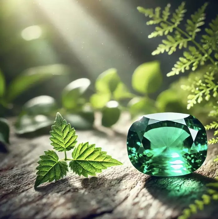 자연석 위에 놓인 아름다운 에메랄드 보석. 보석 주위에는 초록빛 잎사귀가 둘러싸여 있고 부드러운 햇빛이 비치고 있다. 에메랄드는 선명한 녹색으로 빛나며, 자연적 기원과 재생과 성장의 상징을 강조하는 모습이다.