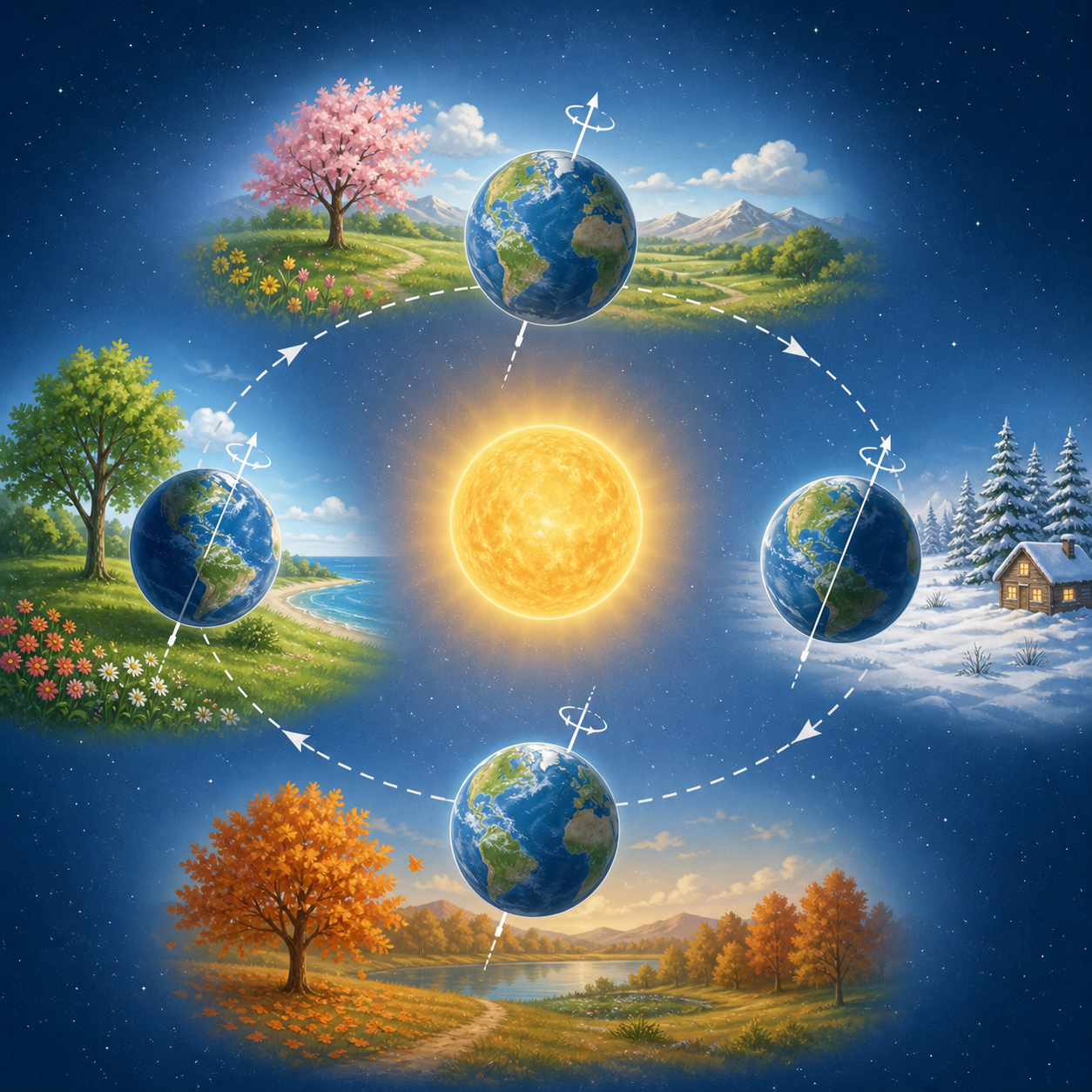 Earth orbiting the Sun with seasonal sunlight for an easy science reading passage