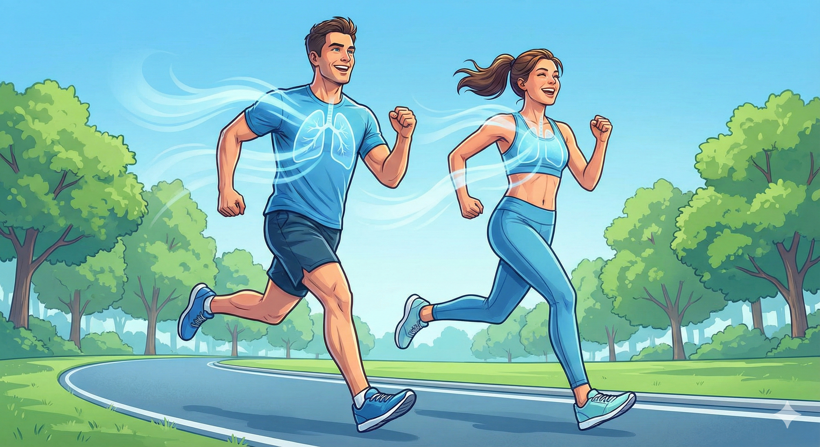 맑고 푸른 하늘 아래 탁 트인 공원 트랙을 달리고 있는 건강한 남녀의 모습. 역동적인 러닝 자세에서 활력이 느껴지며, 그들의 가슴 주변으로 상쾌한 공기(산소)가 유입되고 순환되는 듯한 느낌을 옅은 파란색 빛이나 기류 흐름으로 시각화하여 표현. 배경에는 울창한 나무들이 있어 신선한 공기를 암시하고, 인물의 표정은 힘들지만 성취감에 차 있는 밝은 표정. 전체적인 색감은 청량한 스카이 블루와 싱그러운 그린 톤을 사용하여 건강하고 에너제틱한 분위기를 강조한 고퀄리티 블로그 일러스트.