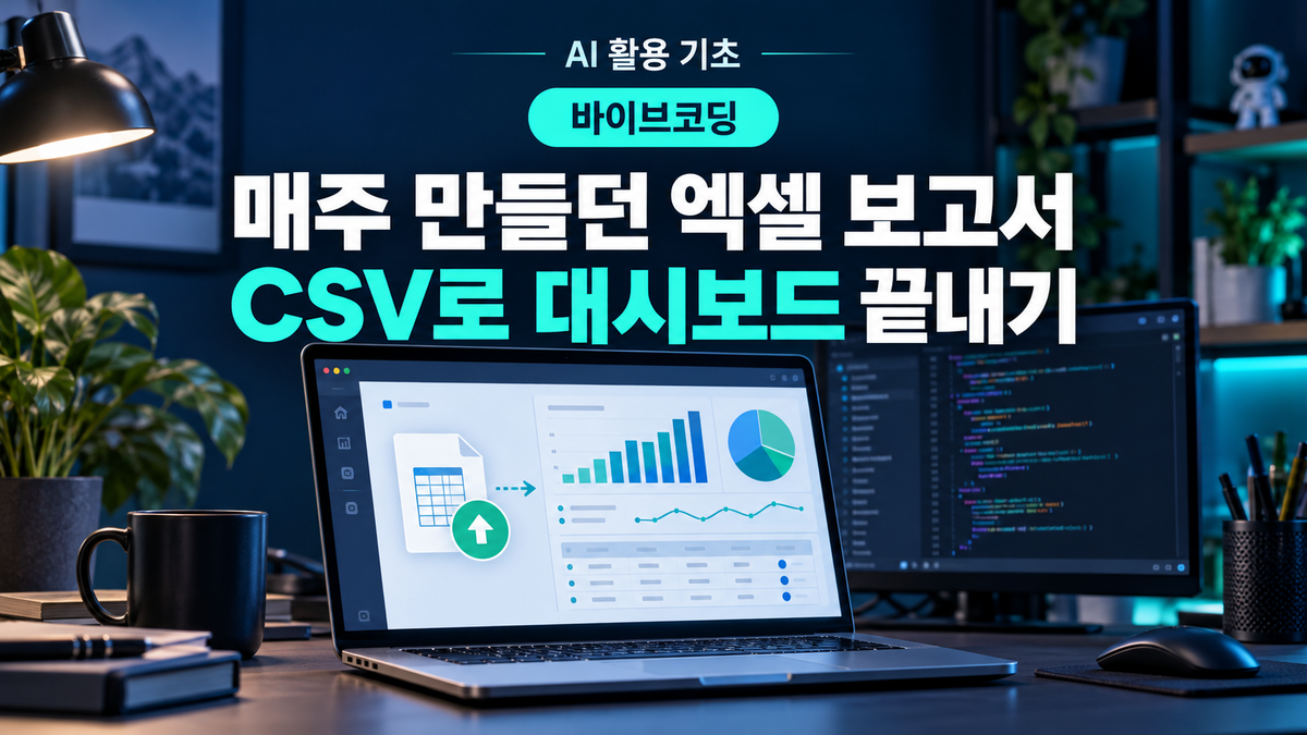 CSV 매출 대시보드를 만드는 코딩 블로그 대표 이미지: 노트북 화면에 업로드 결과와 매출 차트가 보이는 작업 공간