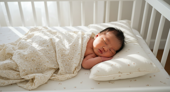 아기가 침대에 누워있는 장면