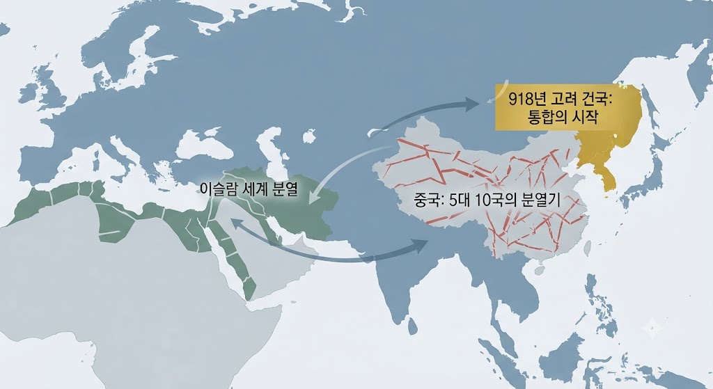 세계 지도를 중심으로 동시대의 상황을 대조했습니다. 분열과 혼란의 5대 10국 시대인 중국(검은색 화살표)과 달리, 한반도에서는 왕건의 고려가 후삼국을 통합하며 새로운 나라를 세우는 모습(밝은 빛의 화살표)을 직관적인 그래픽으로 표현했습니다.