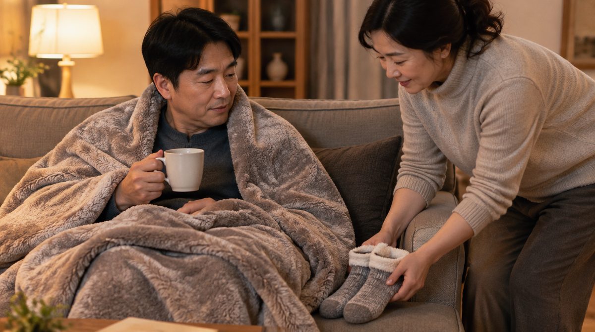 외출 뒤 담요를 덮고 몸을 데우는 편마비 남성, 한랭질환 예방