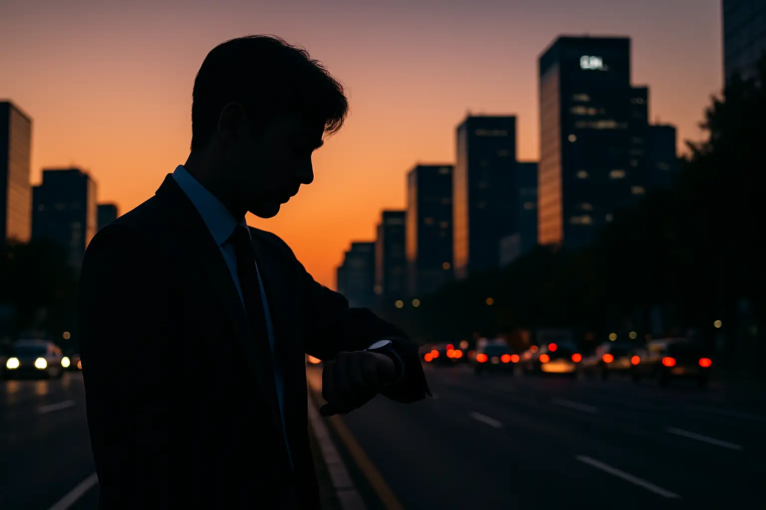해 질 녘 서울 도심 도로가에 시계를 바라보는 직장인 실루엣