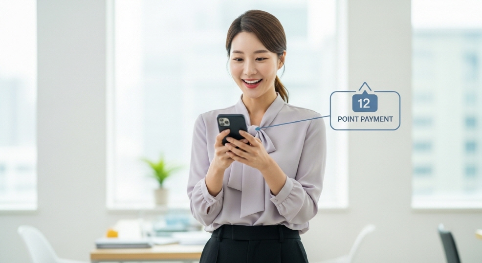 포인트 지급 알림을 받고 놀라는 여성 대표
