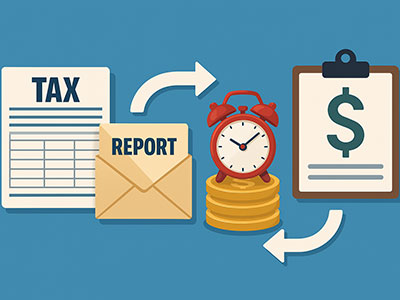 세금 신고서, 봉투, 시계, 동전, 달러 기호가 있는 클립보드 등이 파란 배경 위에 나열되어 있고, 흰색 화살표로 흐름이 연결된 세금 신고 절차 일러스트입니다