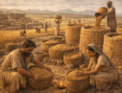 파키스탄 메흐르가르 선사 유적에서 곡물을 재배하고 토기 저장 용기에 보관하는 모습