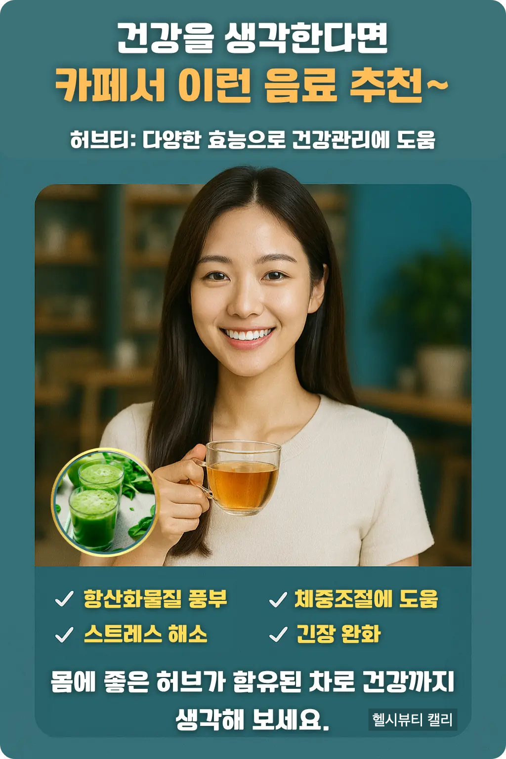 허브티를 마시는 여성과 허브차의 건강 효능을 강조한 카드 뉴스 스타일 이미지