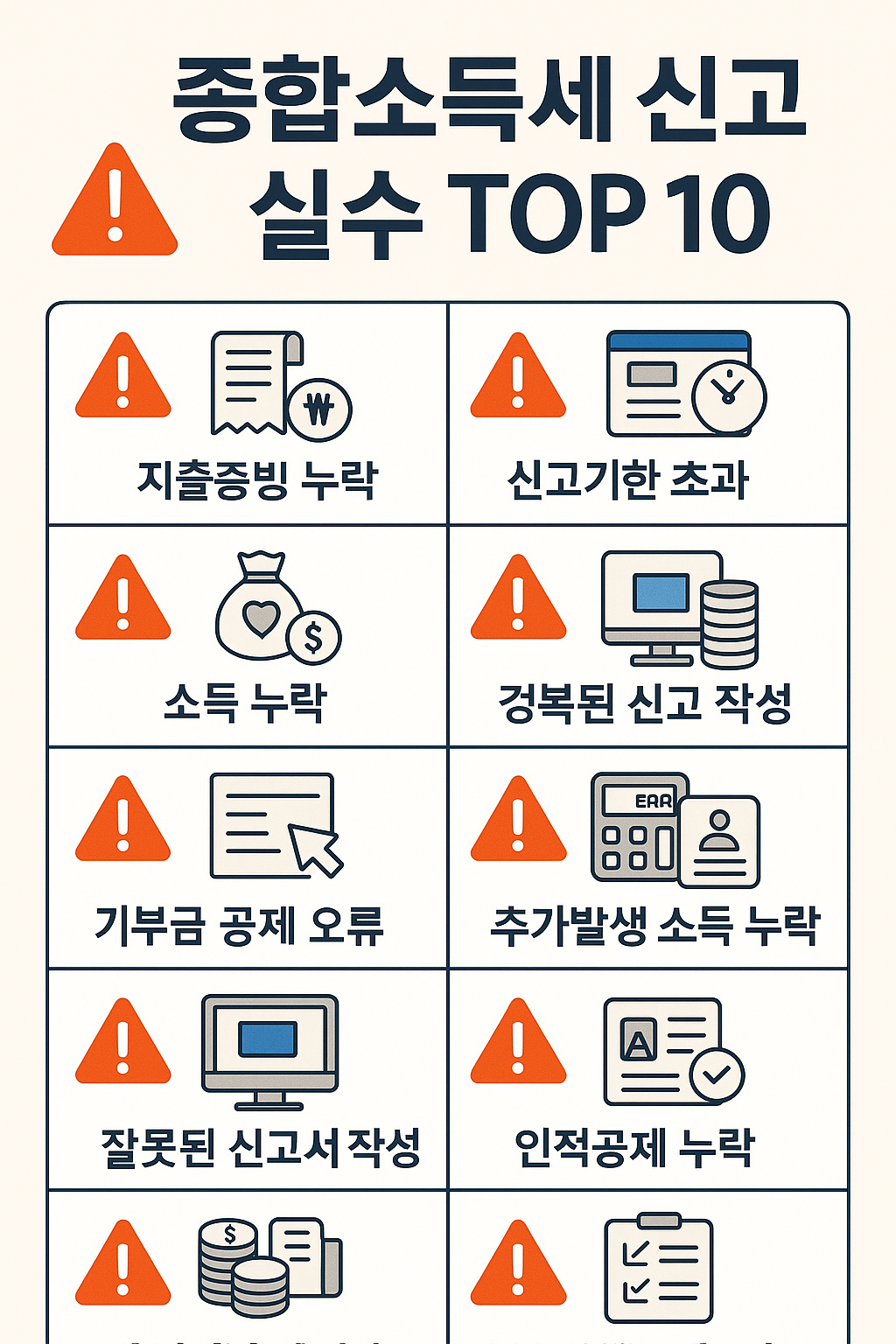 2025년 종합소득세 신고 시 자주 발생하는 실수 10가지를 경고 형태로 정리한 체크리스트 인포그래픽 &ndash; 지출증빙 누락, 신고기한 초과, 소득 누락 등 항목 포함