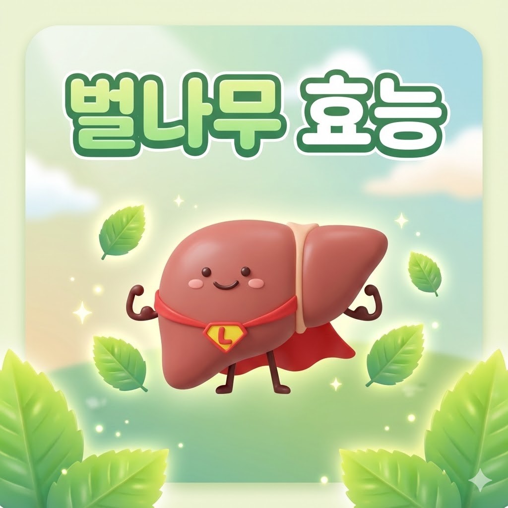 벌나무 잎과 함께 건강하게 웃고 있는 귀여운 간 캐릭터 3D 카툰 일러스트. '벌나무 효능'이라는 글자가 새겨져 있다.