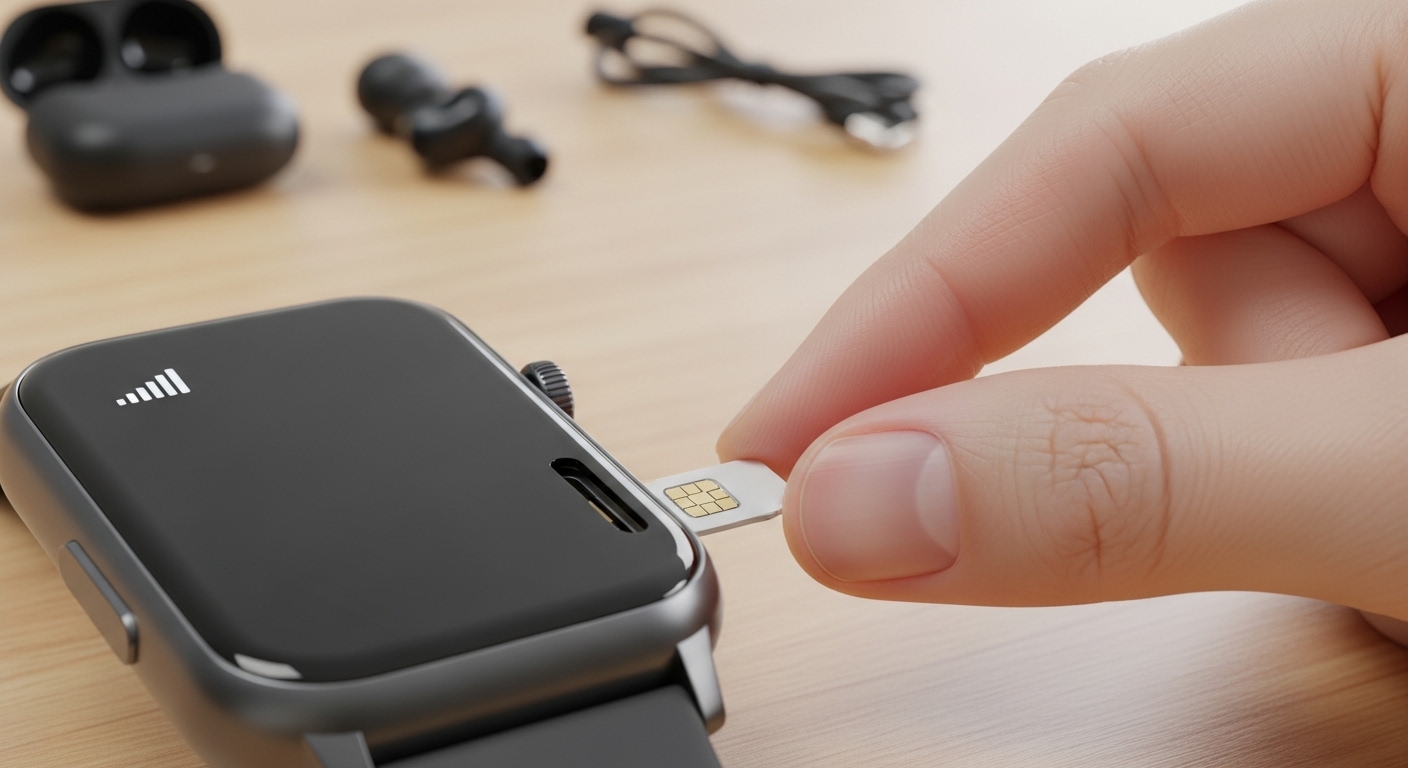 스마트워치 옆면 유심 슬롯에 나노 유심 카드를 삽입하는 손의 클로즈업.