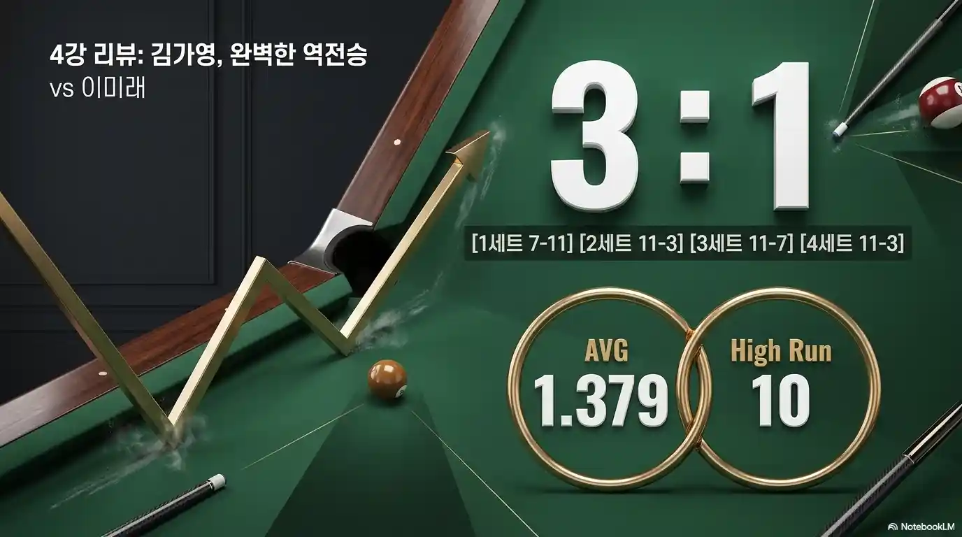 2026 LPBA 4강 결과 - 김가영 이미래 완벽한 역전승 3대1, 세트 스코어 7-11 11-3 11-7 11-3, AVG 1.379 하이런 10
