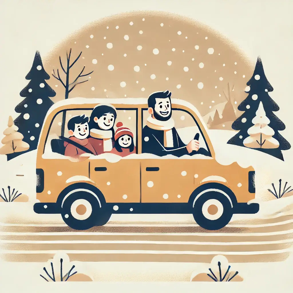 폭설 속에서 가족을 태우고 안전하게 운전하는 남자의 모습.