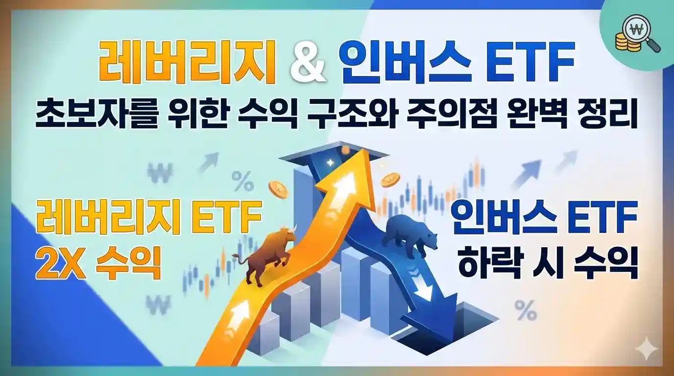 레버리지 및 인버스 ETF 초보자 가이드 메인 썸네일. 주가 상승을 뜻하는 황소와 주가 하락을 뜻하는 곰 캐릭터가 각각 상승하는 주황색 화살표와 하락하는 파란색 화살표 위에 서 있는 주식 차트 배경의 이미지