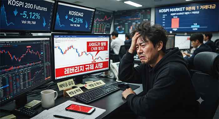 레버리지 규제와 사이드카 발동으로 괴로워하는 투자자 이미지.