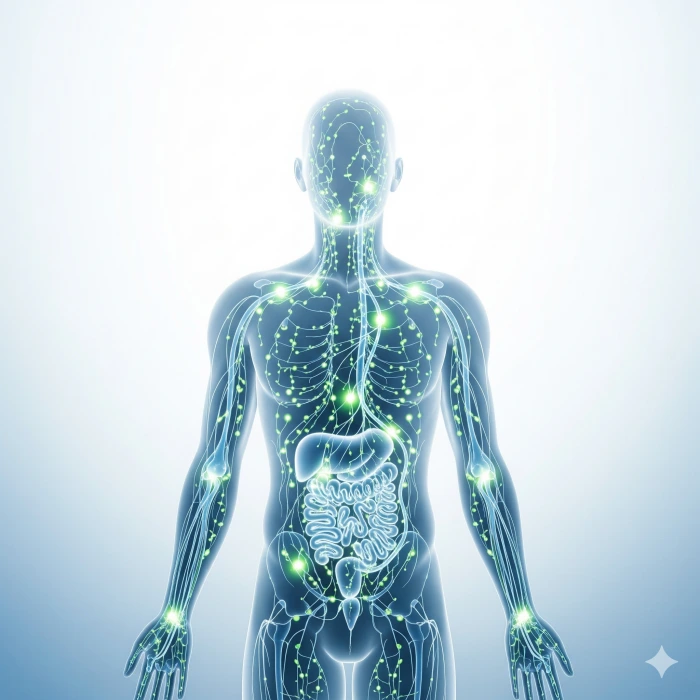 인체 실루엣 내부의 림프계 흐름을 나타낸 추상 일러스트
