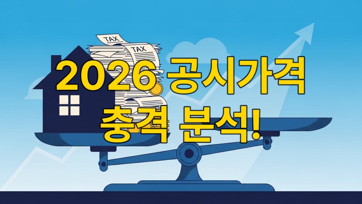 집이 저울 한쪽에 세금 서류와 동전 더미에 의해 무겁게 기울어져 있는 모습, 2026년 보유세 부담 증가를 상징.