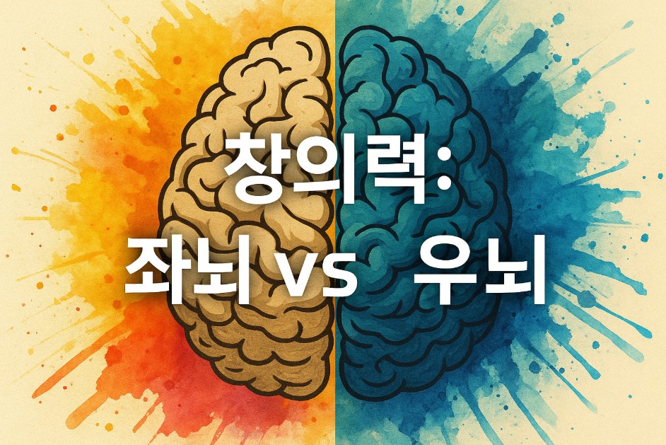 이미지는 좌우로 나뉜 인간의 뇌를 중심으로 왼쪽은 따뜻한 주황색 계열, 오른쪽은 차가운 파란색 계열의 배경이 어우러져 좌뇌와 우뇌의 대비를 시각적으로 표현한다. 중앙에는 굵고 흰 글씨로 "창의력: 좌뇌 vs 우뇌"라는 문구가 강조되어 있으며, 논리와 창의의 균형을 상징한다. 전체 구성은 창의성의 이중적 속성과 뇌의 협력적 작용을 암시한다.