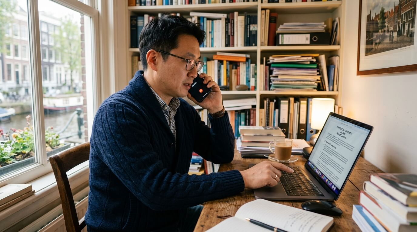 노트북 화면에 띄운 영문 계약서를 손가락으로 짚어가며 통화하는 남성의 손