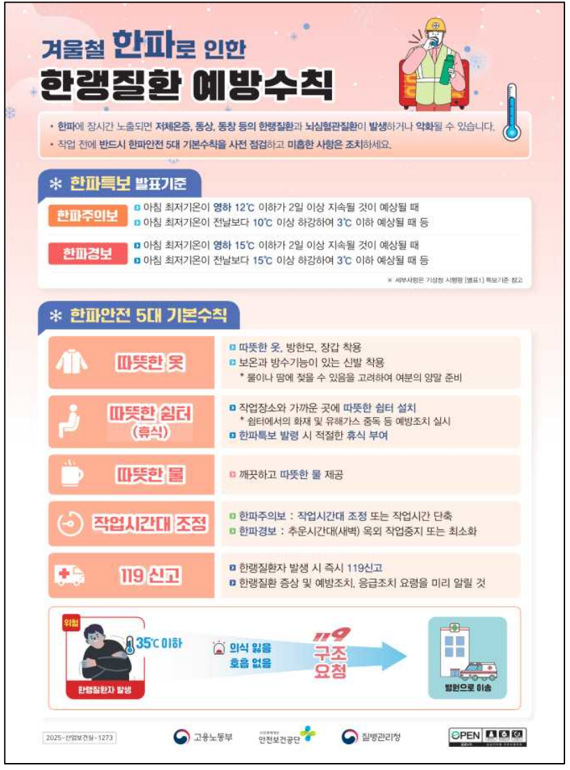 한파 안전 5대 수칙, 현장에서 바로 쓰는 법(출처:고용노동부)