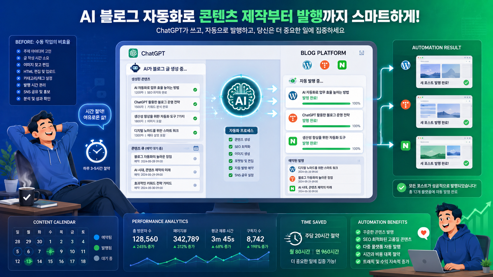 ChatGPT가 블로그 글을 작성하고 티스토리와 워드프레스에 자동 발행하는 AI 블로그 자동화 개념 일러스트