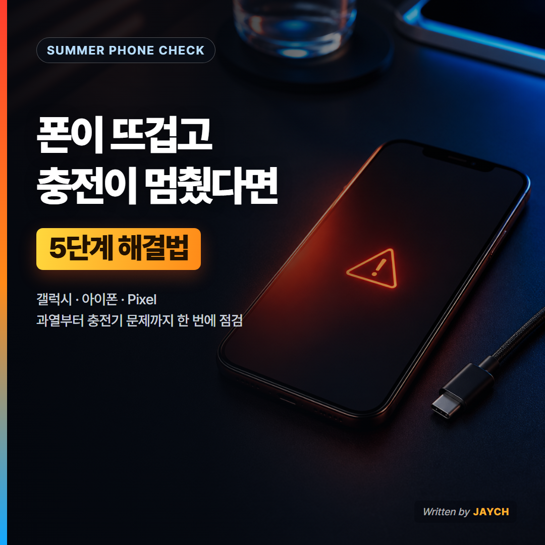 과열 경고가 표시된 스마트폰과 충전 케이블, 5단계 해결법 썸네일