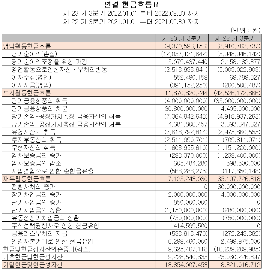 바이브컴퍼니 - 현금흐름표