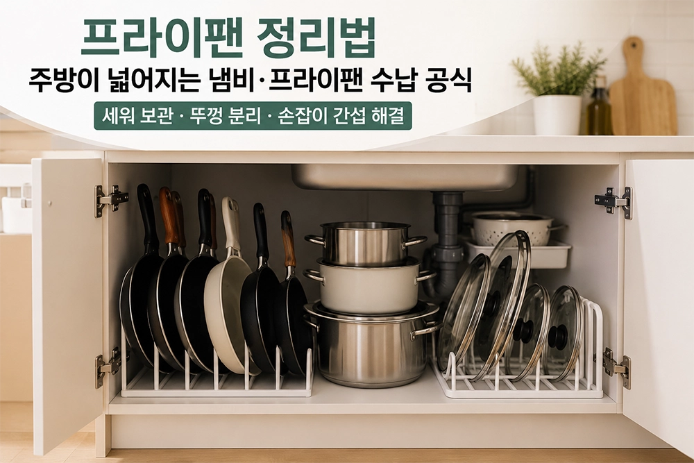 프라이팬과 냄비, 뚜껑을 싱크대 하부장에 세워 정리한 주방 수납 모습과 프라이팬 정리법, 주방이 넓어지는 냄비·프라이팬 수납 공식 제목이 포함된 대표 썸네일 이미지
