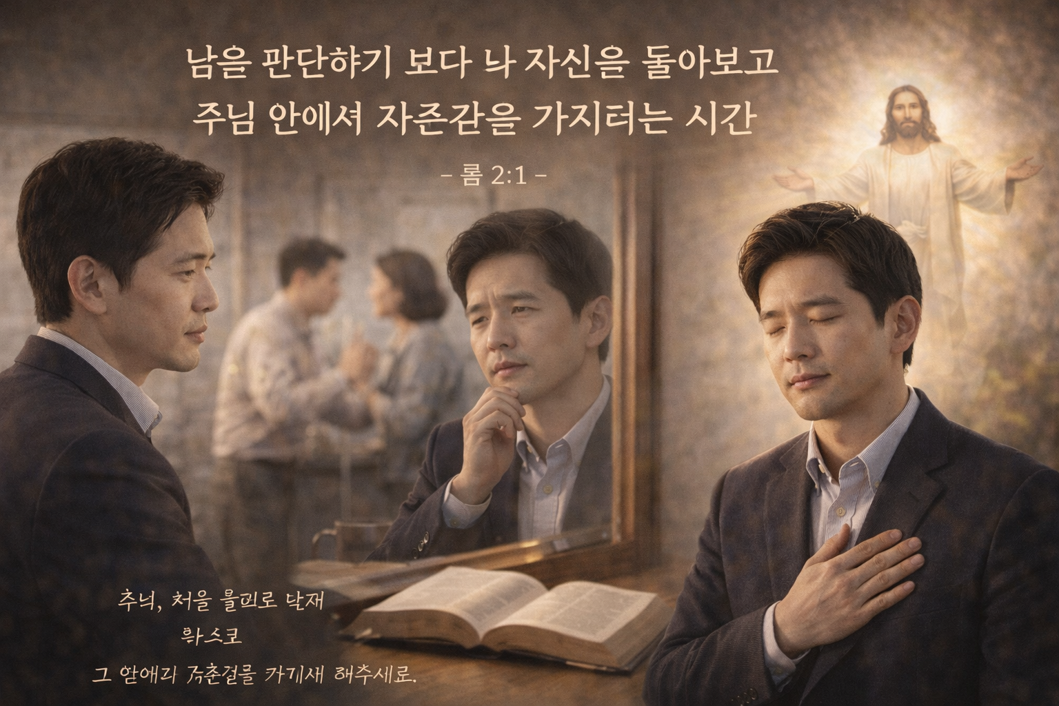 롬 2:1 말씀을 보며&amp;#44; 남을 대할 때 태도에 대해 묵상하게 되었고&amp;#44; 제가 다른 사람을 판단하기 보다 저 자신을 돌아보아 저 자신을 주님 안에서 바라보며 그 안에서 자존감을 가지려는 시도를 하는 모습입니다.