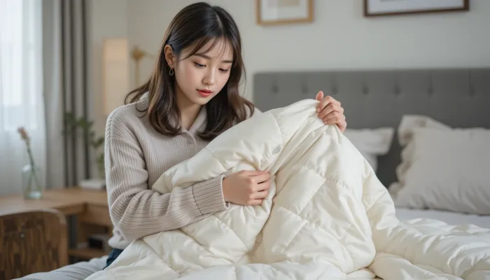 구스 이불 관리를 위해 손상이나 오염을 확인하는 한국인 여성