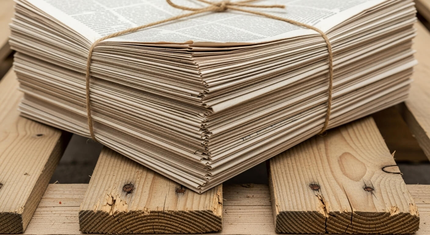 나무 팔레트 위에 끈으로 묶인 신문 더미