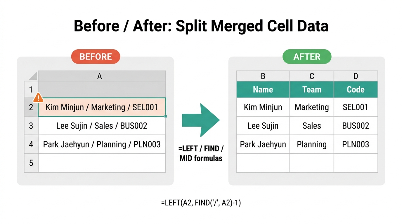 A열 한 셀에 뭉쳐진 원본 데이터(BEFORE)가 LEFT&middot;FIND&middot;MID 수식을 거쳐 이름&middot;팀&middot;코드 3개 열로 분리된 결과(AFTER)를 좌우 표와 화살표로 비교한 플랫 2D 인포그래픽