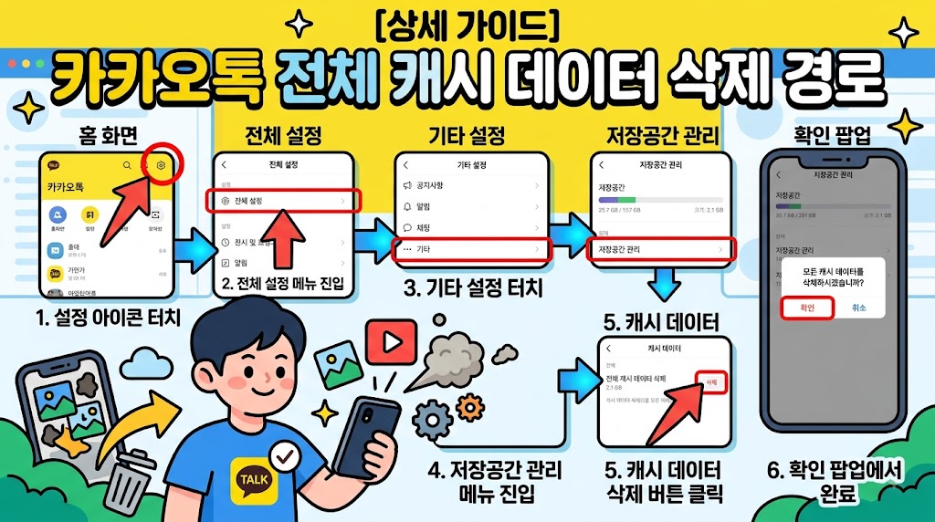 카카오톡 기타 설정 메뉴에서 저장공간 관리로 들어가 캐시 데이터를 삭제하는 화면
