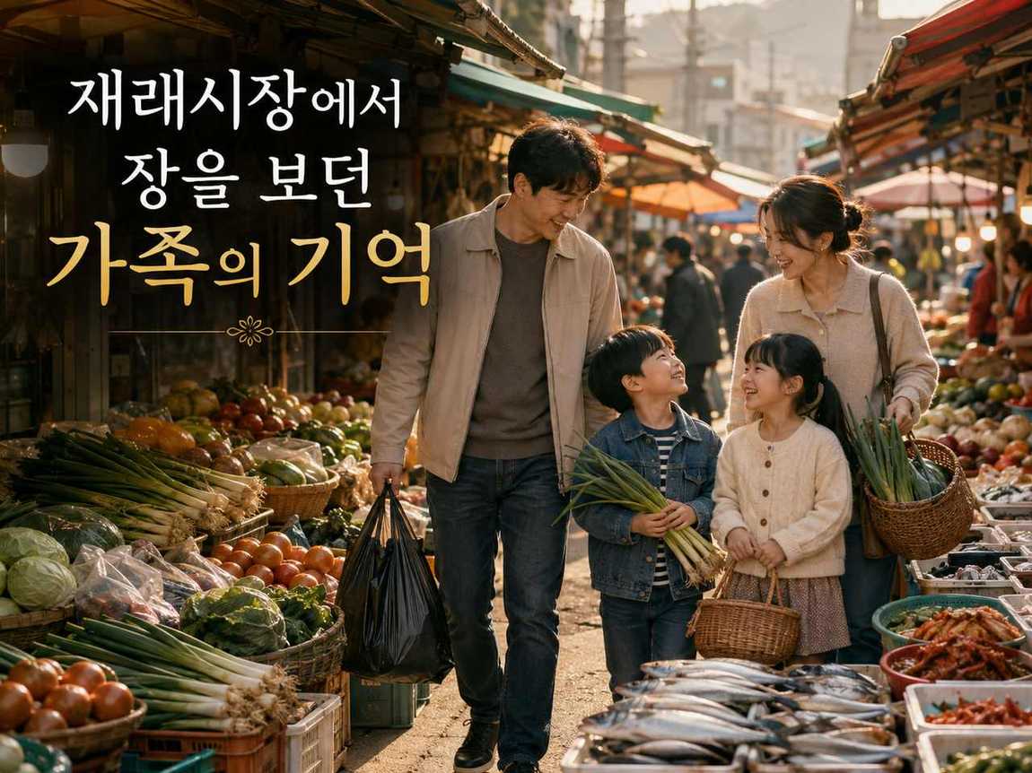 재래시장 골목에서 부모와 두 아이가 채소와 생선 가게 사이를 걸으며 장을 보는 모습
