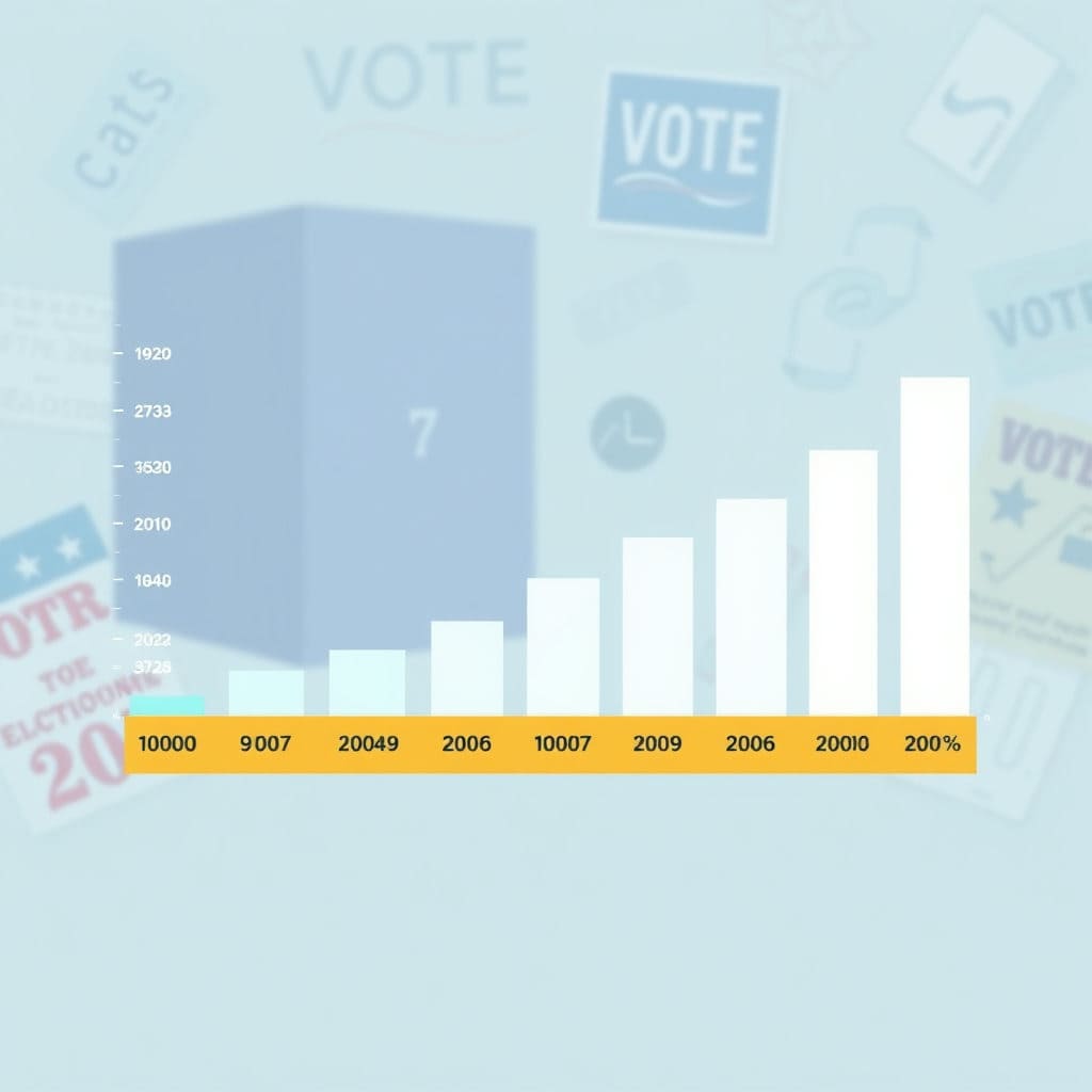 시간의 흐름에 따른 투표율 추이를 보여주는 막대 그래프 형태로 디자인합니다. 그래프는 명확하고 이해하기 쉬우며, 배경에 선거 관련 이미지를 은은하게 삽입할 수 있습니다
