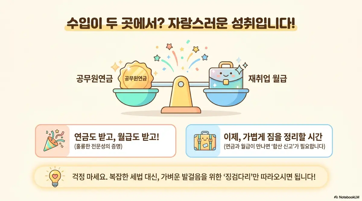 공무원연금 종합소득세: 공무원연금과 재취업 월급이 저울 위에 올려진 모습으로 수입이 두 곳에서 발생하면 합산 신고가 필요하다는 내용을 안내하는 이미지. 연금도 받고 월급도 받는 상황에서 종합소득세 합산 신고의 필요성을 시각적으로 전달함 
