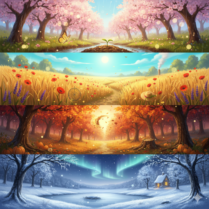 봄부터 겨울까지 계절 변화를 상징하는 일러스트