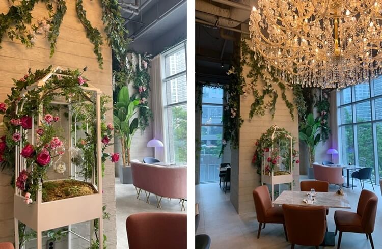 다양한 의자와 조명의 자리들