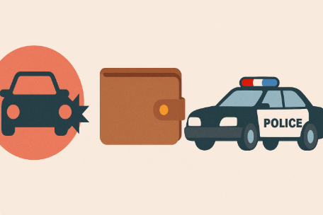 일본 여행 중 교통사고, 도난 사고, 경찰 신고 상황을 상징하는 자동차 아이콘, 지갑 아이콘, 일본 경찰차 일러스트